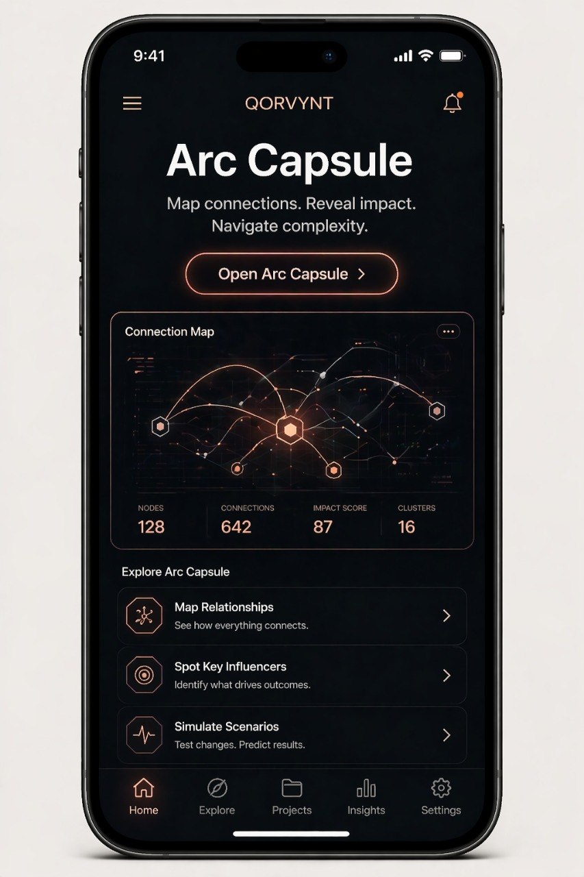Phone displaying the Qorvynt Arc Capsule app interface on a white background