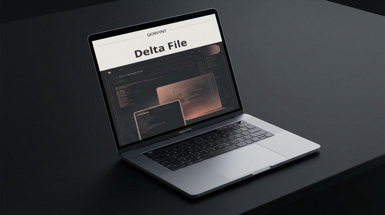 Laptop on a dark surface displaying a software interface with 'Delta File' text.
