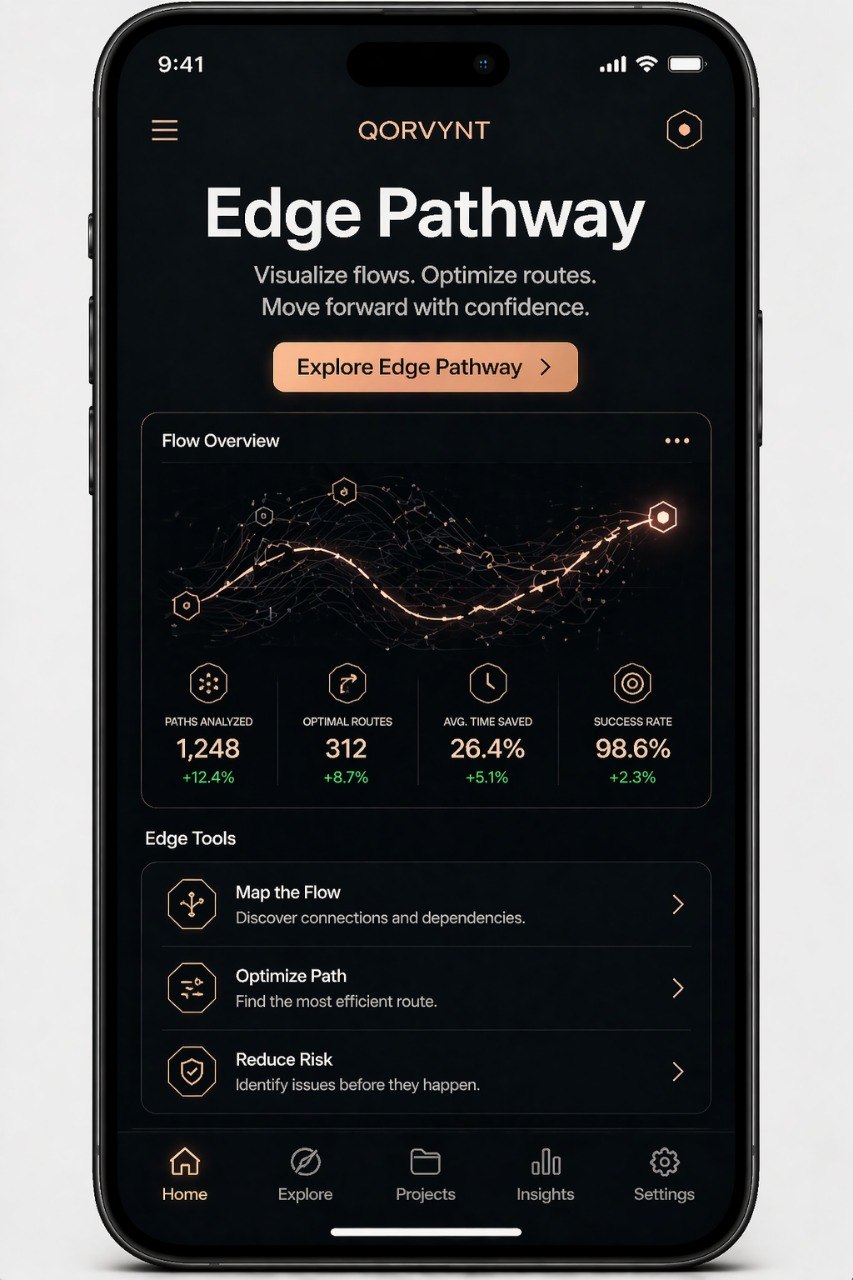 Phone displaying Qorvynt Edge Pathway app on a dark background