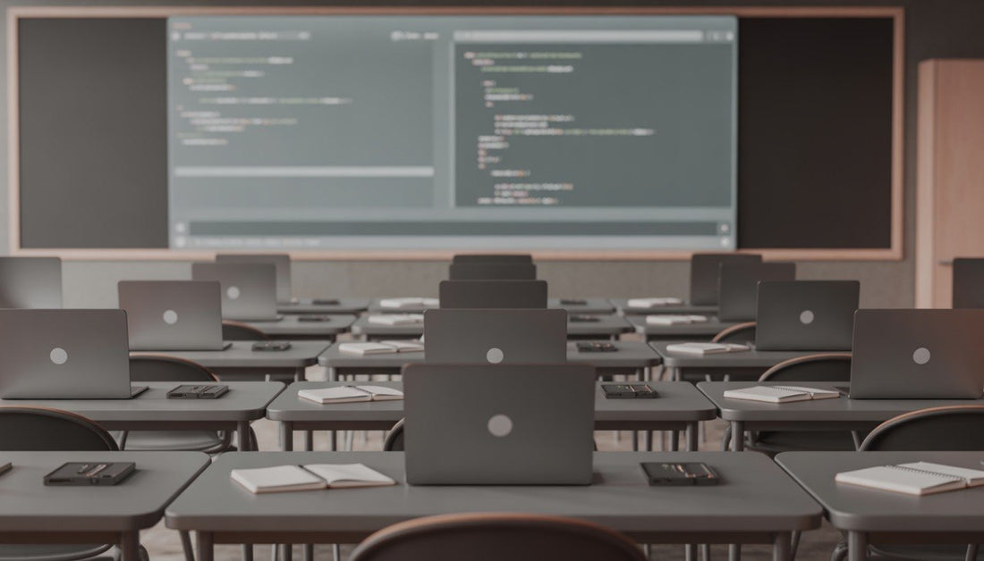 Classroom with rows of desks and laptops displaying code, with a large screen in the background.