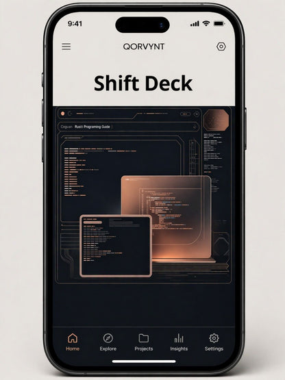 Phone displaying the Qorvynt Shift Deck app on a light gray background