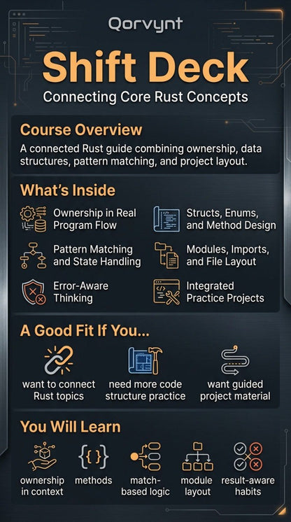 Qarvynt Shift Deck course overview for connecting core Rust concepts on a dark background