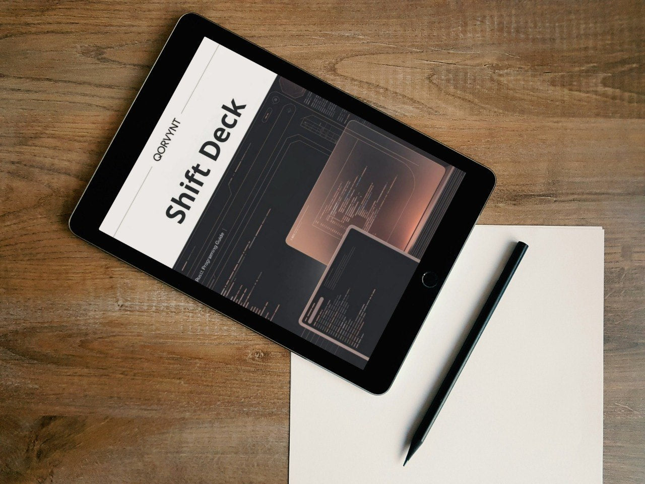 Tablet displaying a presentation on a wooden surface with a pen and paper.