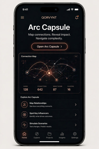 Phone displaying the Qorvynt Arc Capsule app interface on a white background