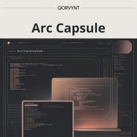 Qorvynt Arc Capsule with computer screens displaying code on a dark background