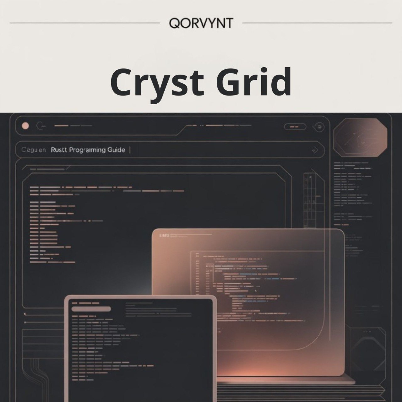 Qorvynt Cryst Grid with computer screens displaying code on a dark background
