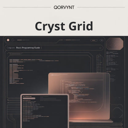 Qorvynt Cryst Grid with computer screens displaying code on a dark background