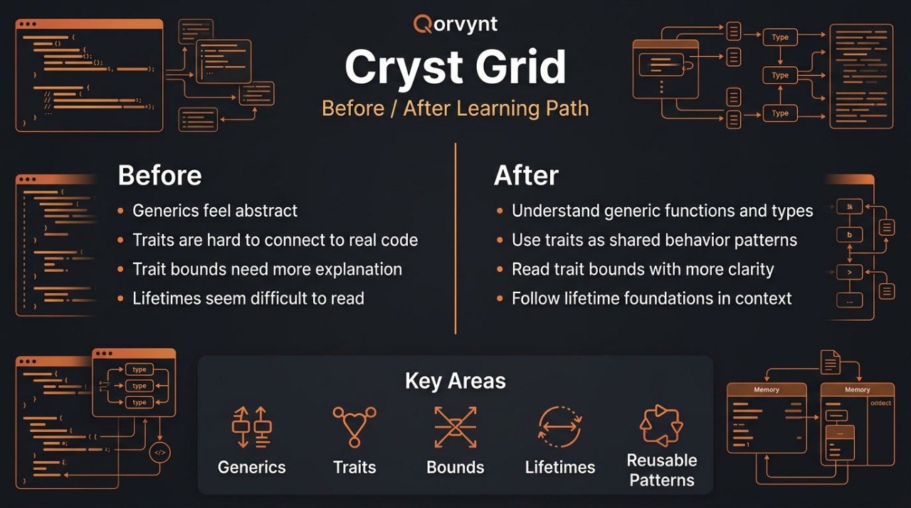 Diagram comparing 'Before' and 'After' learning paths for Crystal Grid with Qorvynt, highlighting key areas like generics, traits, and bounds.