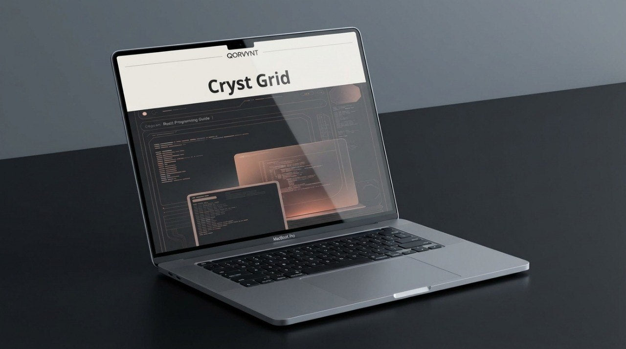 Laptop displaying the 'Cryst Grid' software on a dark surface with a gray background