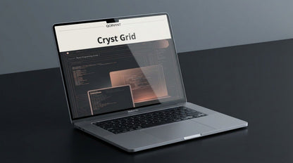 Laptop displaying the 'Cryst Grid' software on a dark surface with a gray background