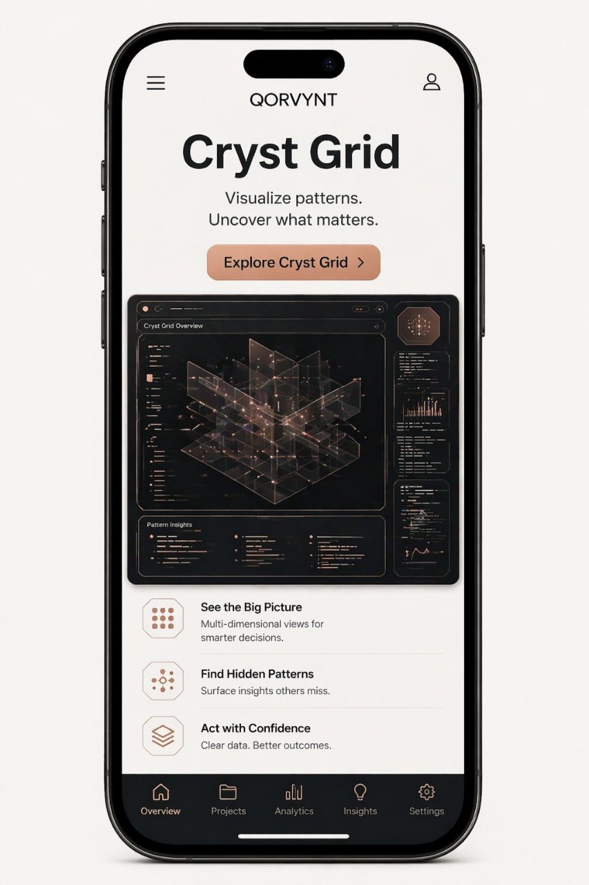 Phone displaying the Qorvynt Cryst Grid app interface on a white background