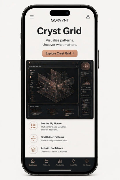 Phone displaying the Qorvynt Cryst Grid app interface on a white background