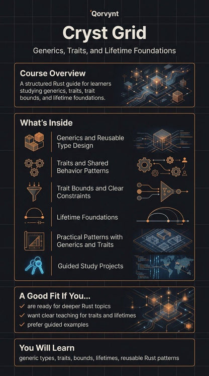 Course overview of Qorvynt's Cryst Grid on a dark background with technical illustrations.