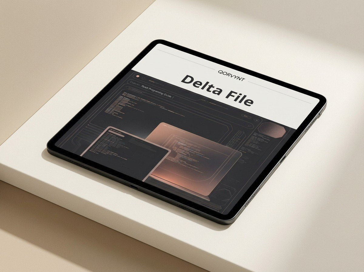Tablet displaying a 'Delta File' on a light surface