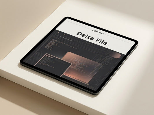 Tablet displaying a 'Delta File' on a light surface