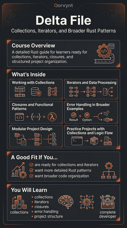 Course overview of Delta File by Qorvynt with course structure and learning objectives.