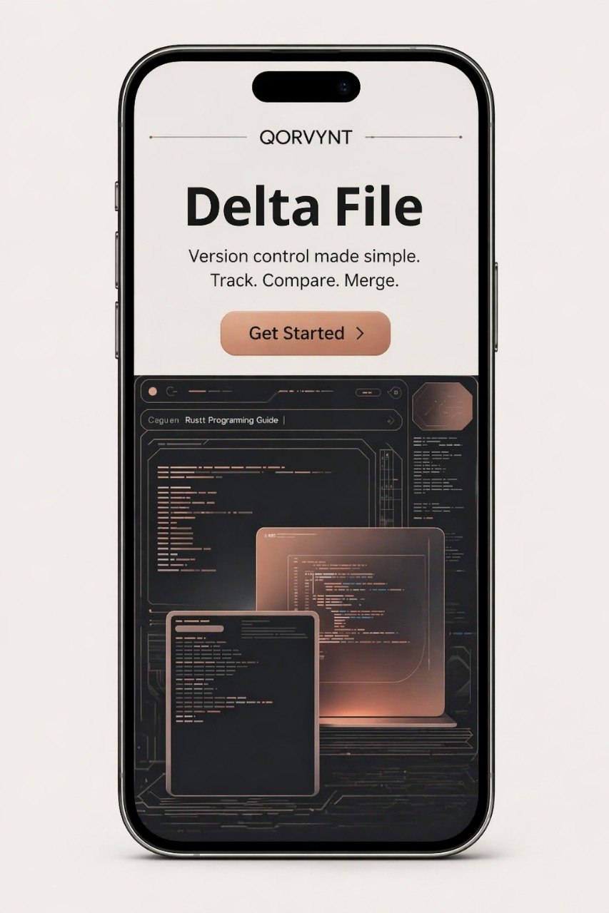 Phone screen displaying Qorvynt Delta File software with a minimalistic design.