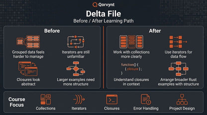 Qoryvnt Delta File learning path diagram with before and after improvements.