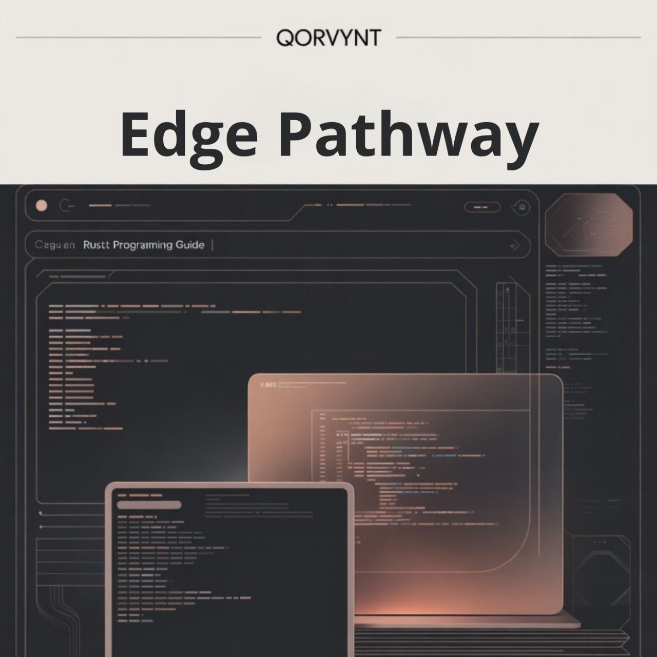Qorvynt Edge Pathway with computer screens displaying code on a dark background