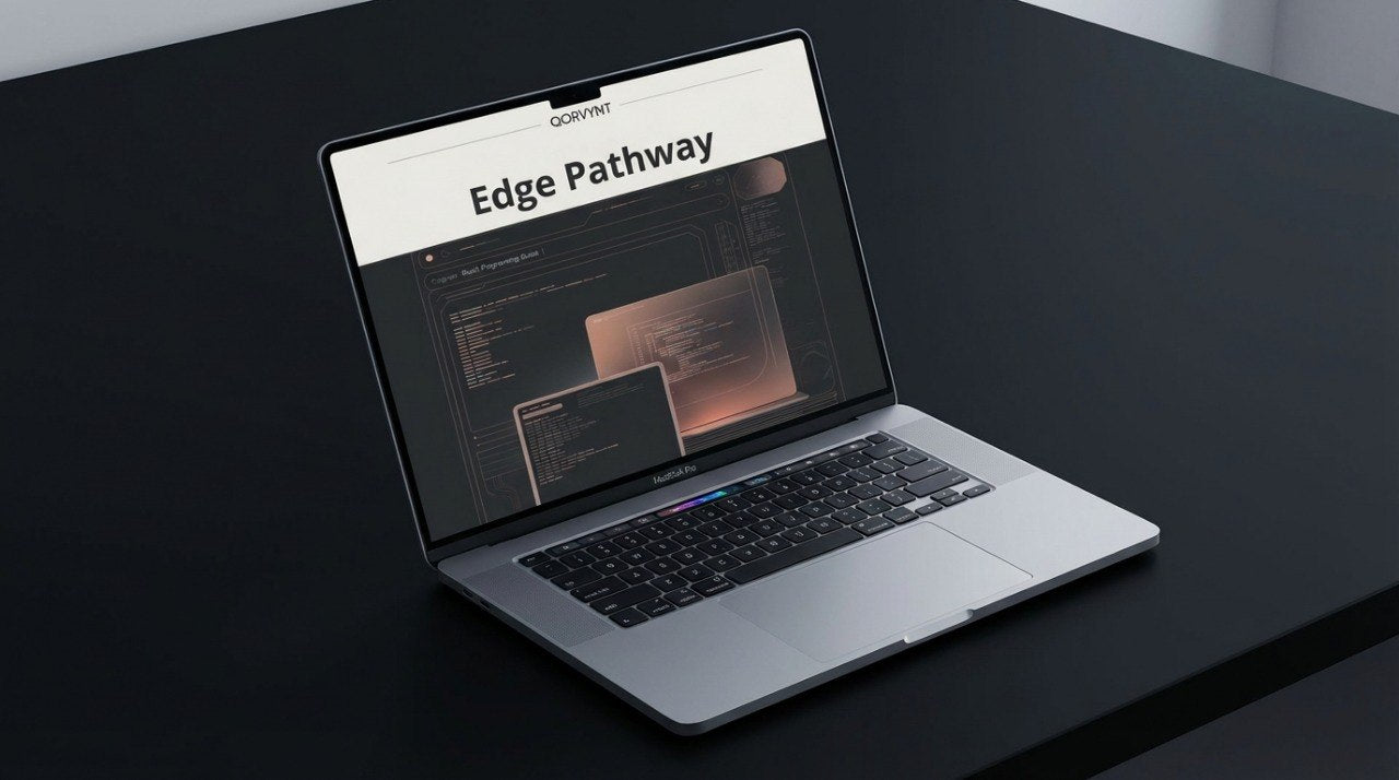 Laptop on a dark surface displaying a software interface with 'Edge Pathway' text.