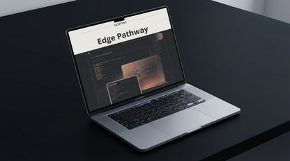 Laptop on a dark surface displaying a software interface with 'Edge Pathway' text.