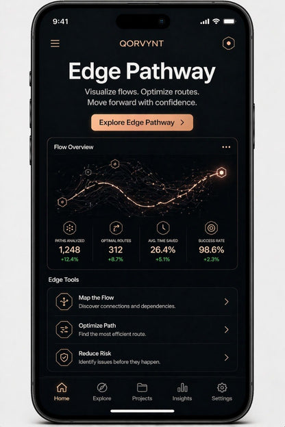 Phone displaying Qorvynt Edge Pathway app on a dark background