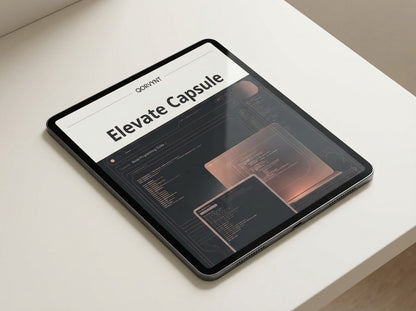 Tablet displaying a webpage with 'Elevate Capsule' text on a light surface