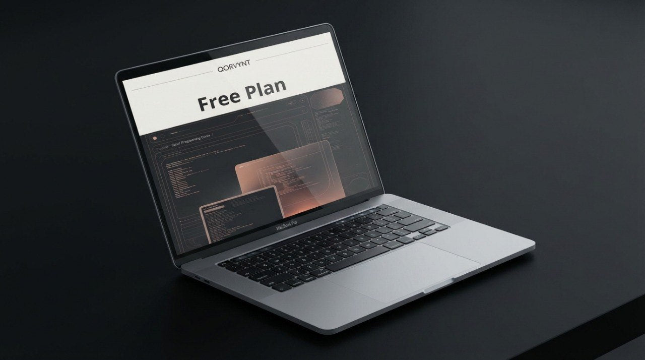 Laptop displaying a free plan offer on a dark background