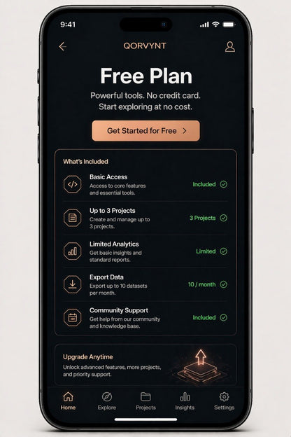 Phone screen displaying Qorvynt free plan with features and upgrade options.