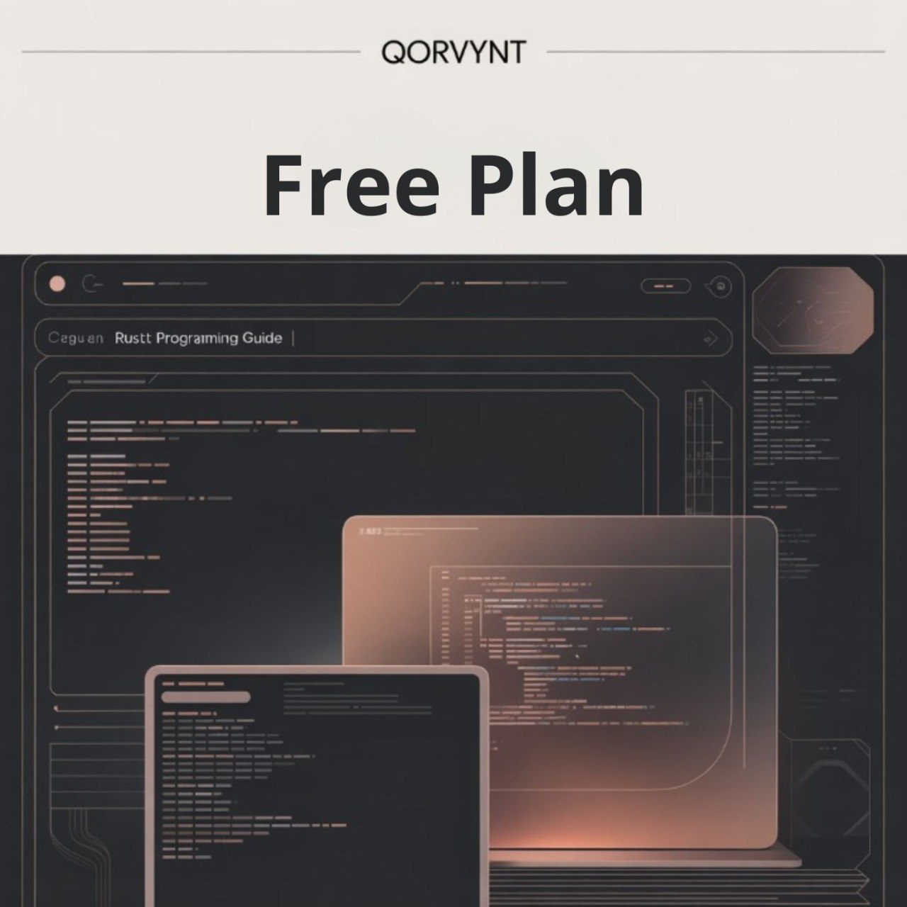 Qorvynt free plan advertisement with computer screens displaying code.