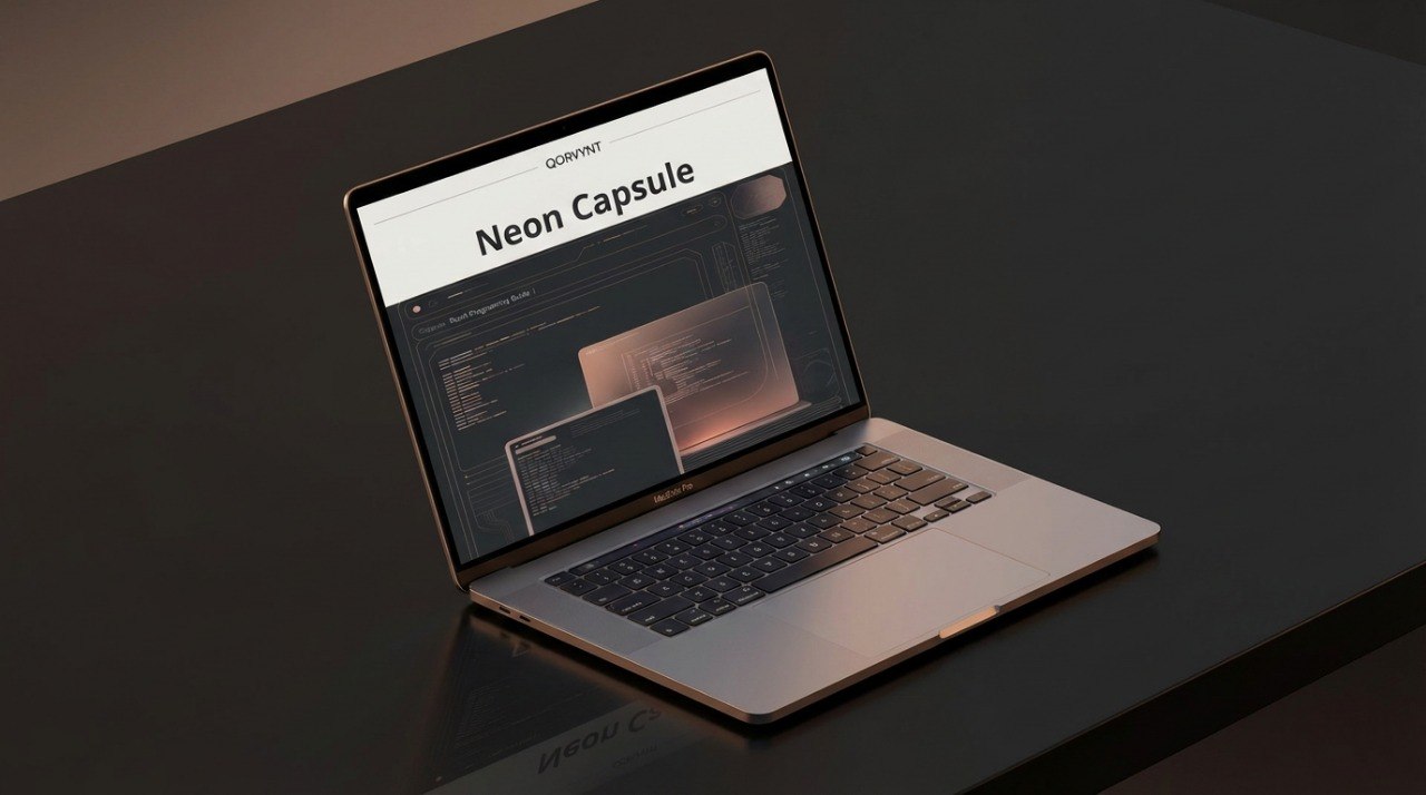 Laptop on a dark surface displaying a website with 'Neon Capsule' text.