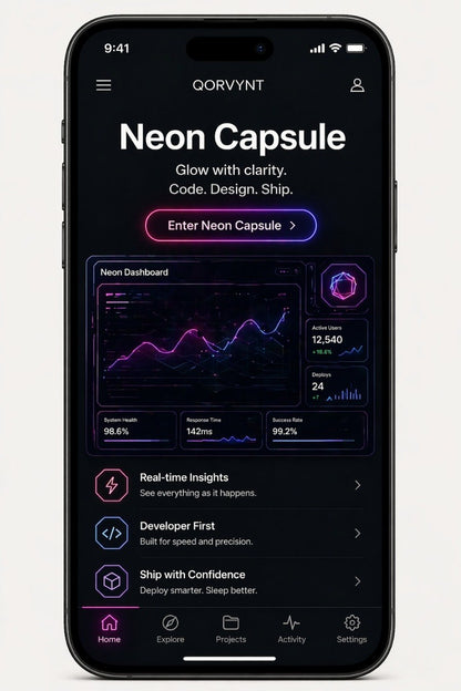 Phone displaying the Qorvynt Neon Capsule app interface on a white background