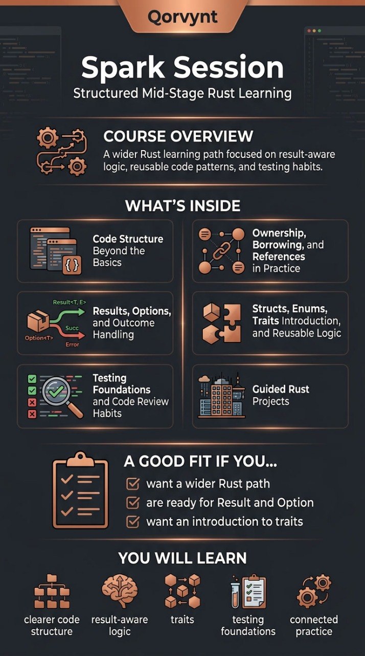 Orvlynt Spark Session course overview for mid-stage Rust learning on a dark background