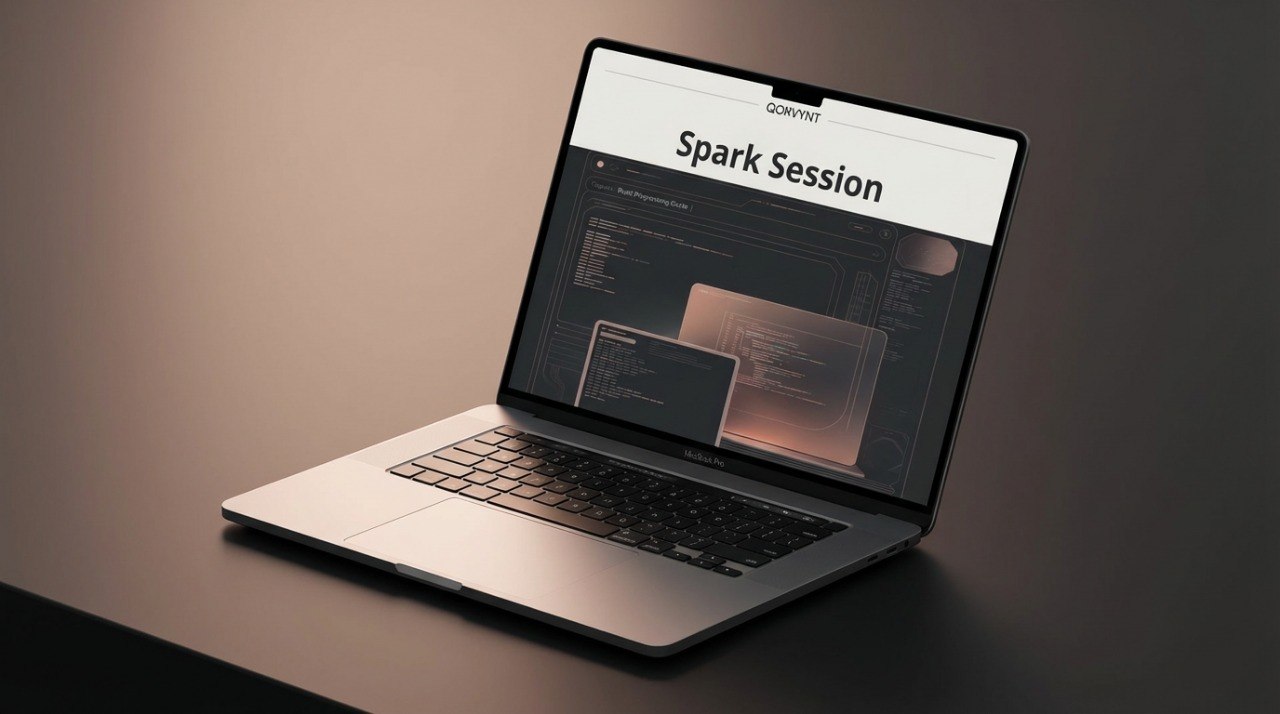 Laptop displaying 'Spark Session' on a gradient background