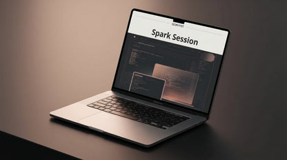 Laptop displaying 'Spark Session' on a gradient background