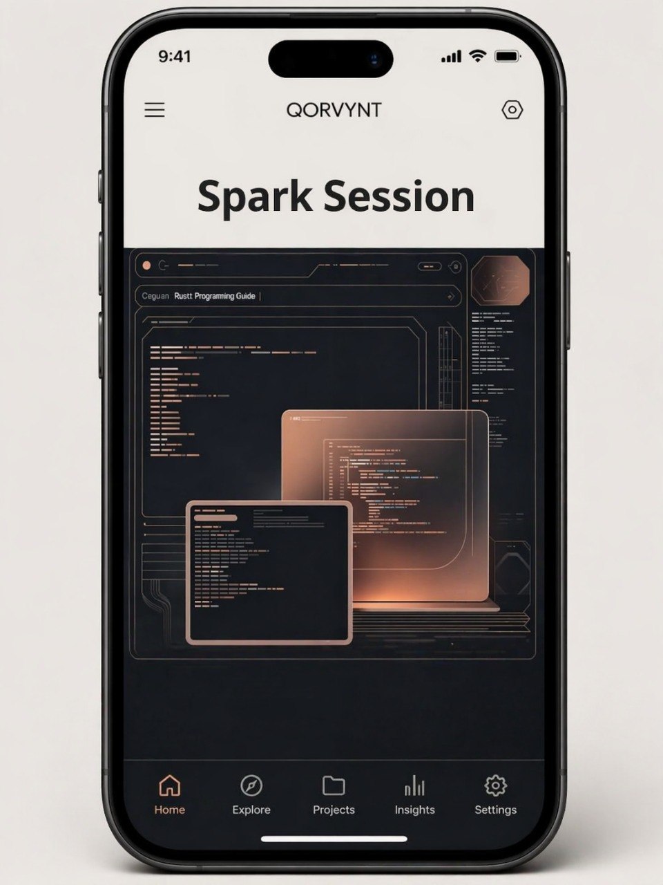 Phone displaying the Qorvynt app with 'Spark Session' on a white background