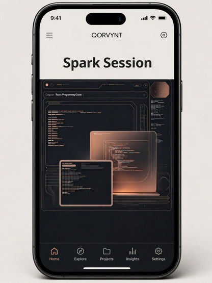 Phone displaying the Qorvynt app with 'Spark Session' on a white background