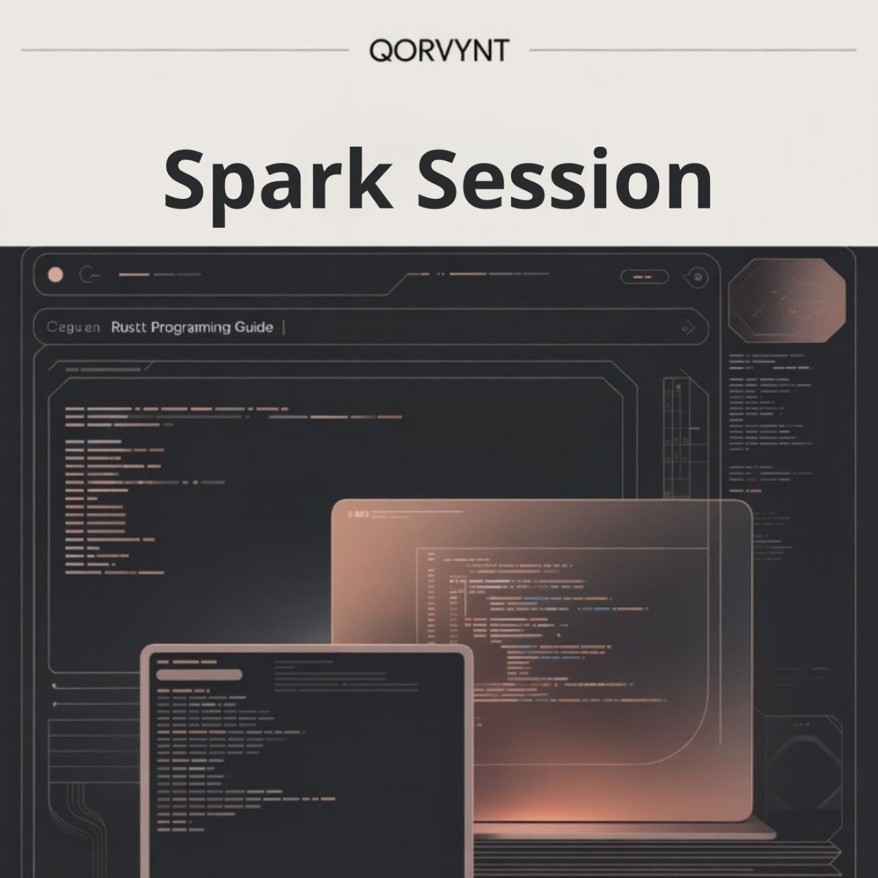 Qorvynt Spark Session with computer screens displaying code on a dark background