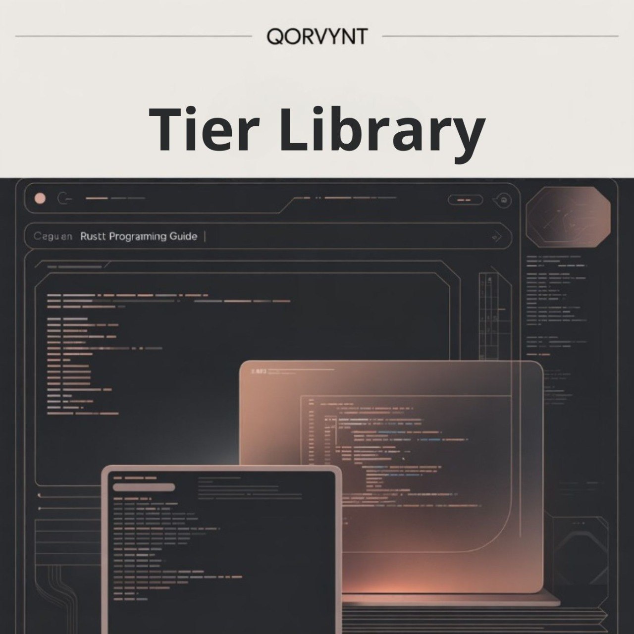 Qorvynt Tier Library with computer screens displaying code on a dark background