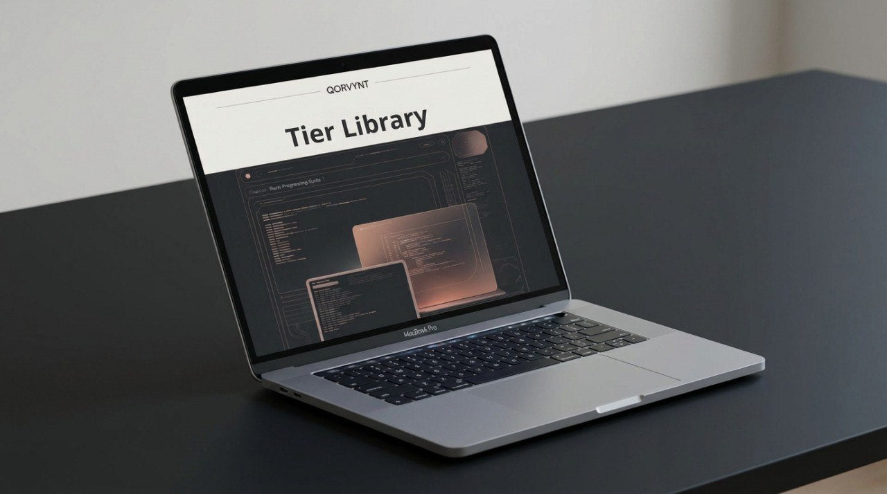 Laptop on a dark surface displaying a tier library on a screen