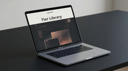 Laptop on a dark surface displaying a tier library on a screen